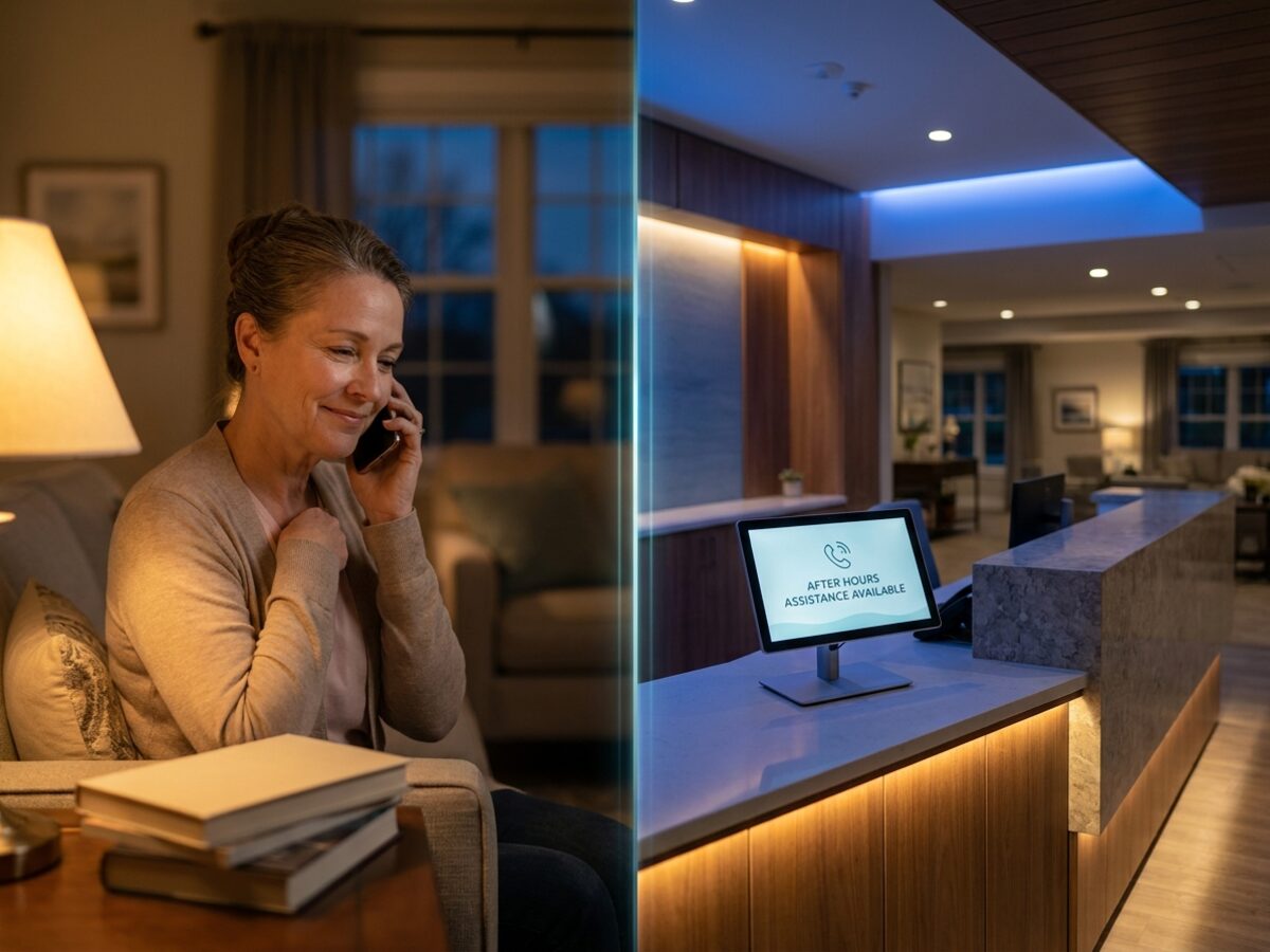 Senior living staff member supporting family communication at the front desk
