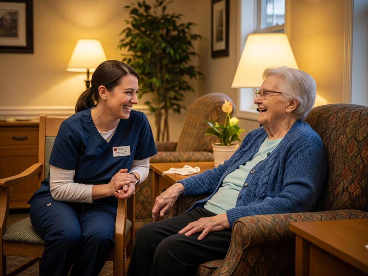 Staff member assisting a senior resident at Asbury Methodist Village