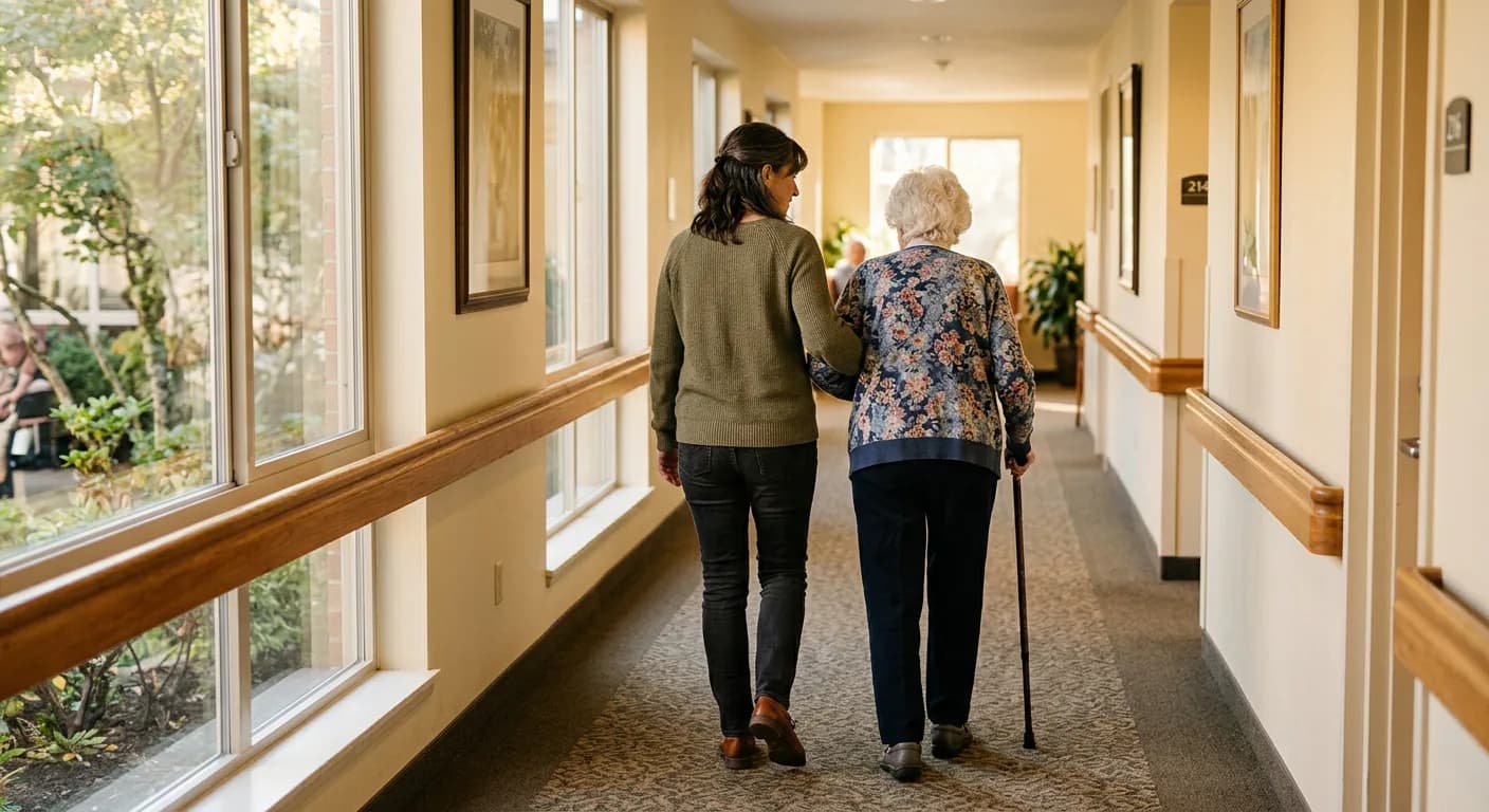 Adult daughter and elderly mother walking together during a senior living community tour