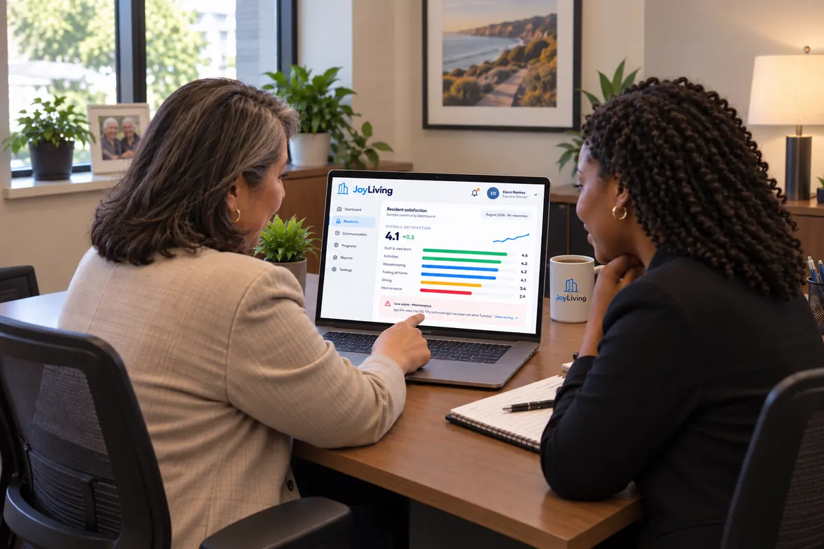 Senior living team reviewing resident satisfaction survey results in JoyLiving